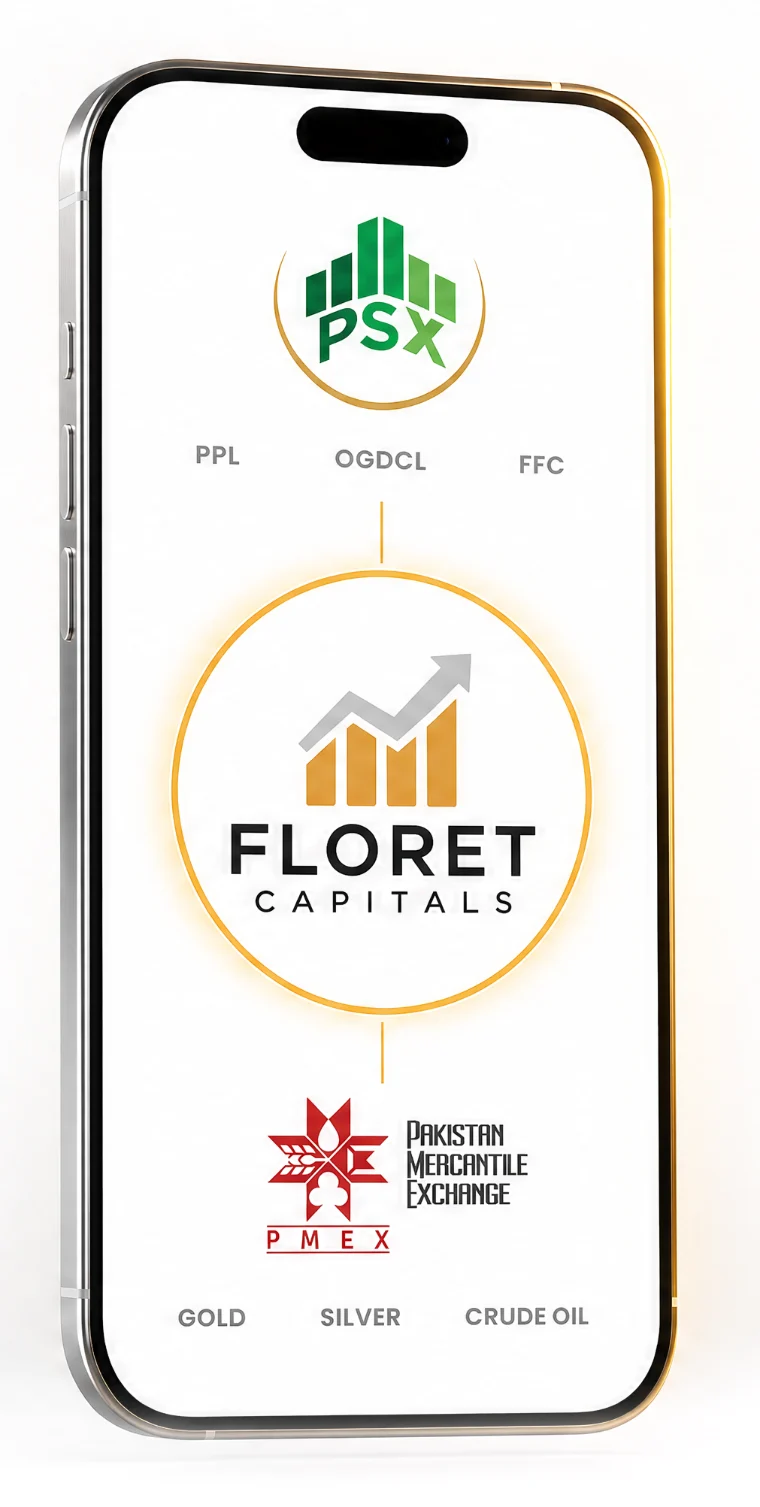 The Floret Capitals app on a phone, showing the PSX and PMEX exchanges it connects to.